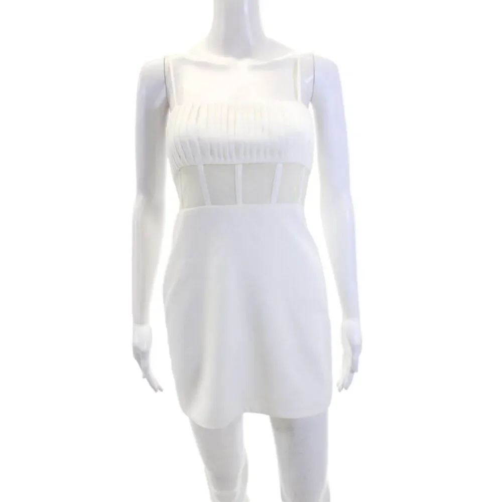 NBD Women's Square Neck Spaghetti Straps Sheer Mesh Mini Dress Cream Size XS